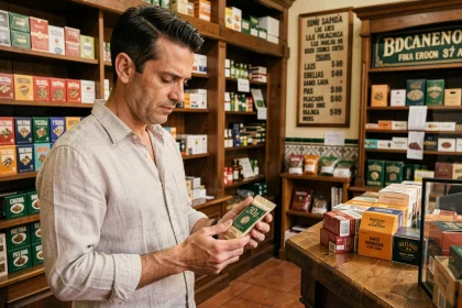 Homme examinant un paquet de tabac à rouler 30g dans un estanco espagnol avec tableau de prix en arrière-plan