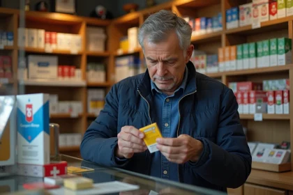 Homme examinant un paquet de cigarettes dans un bureau de tabac suisse avec un ticket de caisse