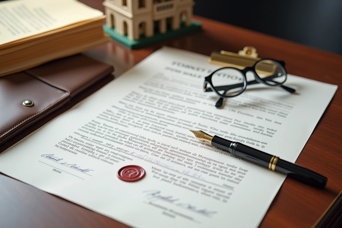 Acte notarié signé avec sceau officiel et stylo plume sur un bureau pour un investissement locatif sécurisé