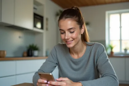 Femme activant sa carte prépayée La Poste sur smartphone à la maison