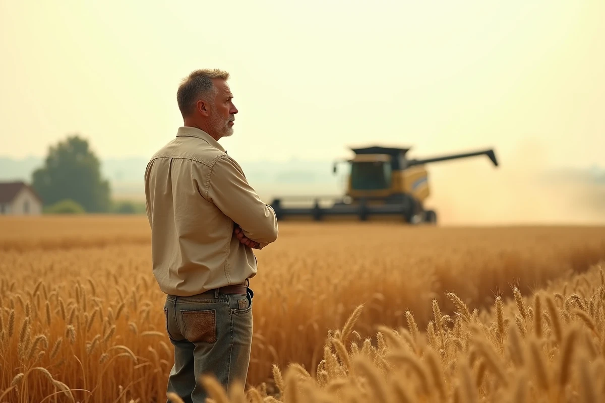 Agriculteur contemplant sa récolte de blé en France lors de la moisson, symbolisant les enjeux du fermage et de la renégociation du bail