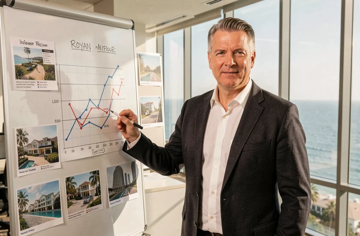 Alexandre, conseiller en placement financier à Royan, présentant une stratégie d'investissement locatif devant un tableau de bord financier dans son bureau face à l'Atlantique
