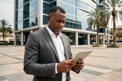 Homme d'affaires africain en costume devant un immeuble moderne à Dakar, illustrant la fortune et l'empire financier d'Aliou Mara en 2026