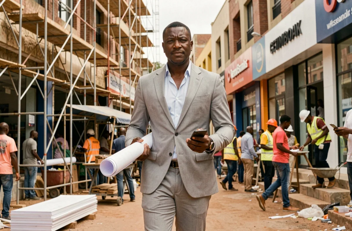 Entrepreneur africain sur un site de développement commercial avec des plans architecturaux, symbolisant les investissements immobiliers dans la fortune d'Aliou Mara