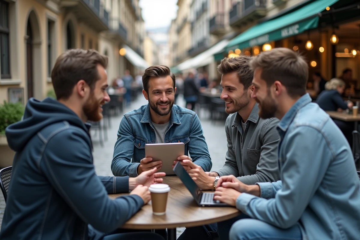 Trois amis discutent autour d une table de caf&eacute; en ville