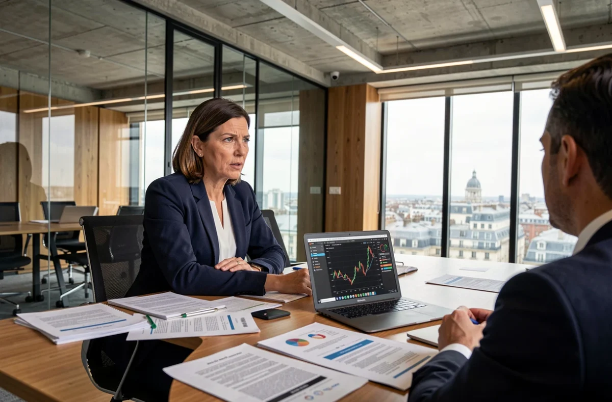 Femme cadre analysant des données boursières sur ordinateur portable lors d'une réunion stratégique, symbolisant la structure financière EPA CDI et le groupe Arnault