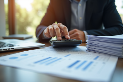 Professionnel en tenue d'affaires utilisant une calculatrice à côté de documents de prêt