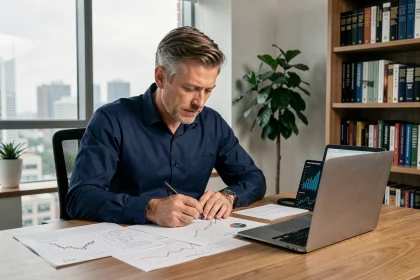 Homme analysant des graphiques financiers sur un bureau en bois pour optimiser ses placements Quadretto en 2026