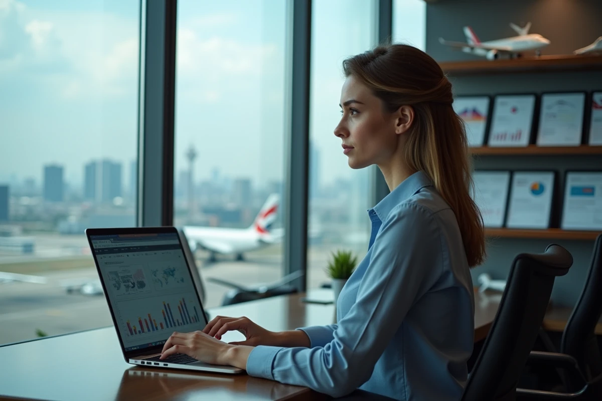 Jeune analyste aviation femme au bureau avec skyline urbain
