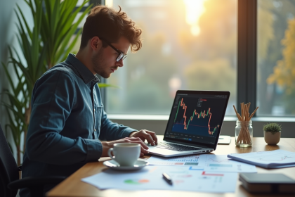 Jeune professionnel analysant des graphiques financiers sur un ordinateur portable