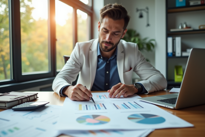 Personne confiante analysant graphiques financiers dans un bureau lumineux