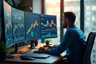 Analyste financier au bureau avec écrans de bourse
