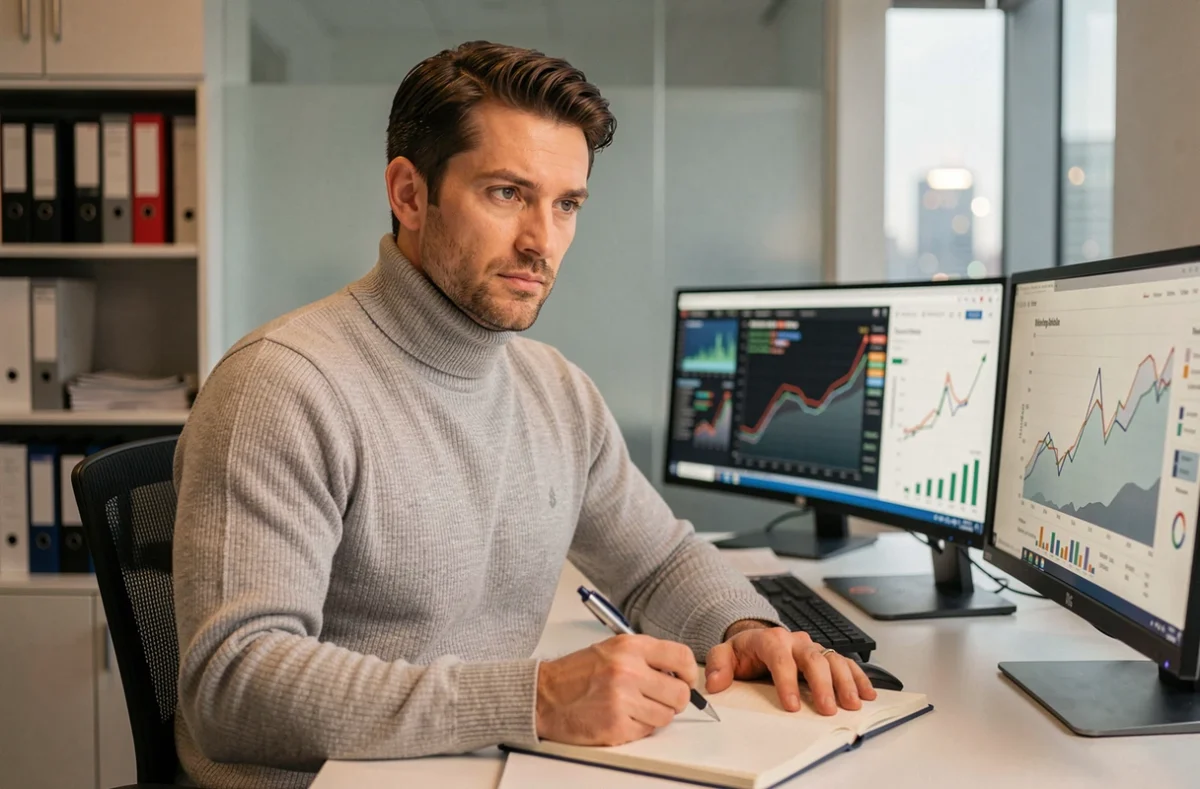 Analyste financier concentré devant des écrans de données boursières dans un bureau parisien, évoquant l'analyse des participations d'EPA CDI au sein du groupe Arnault