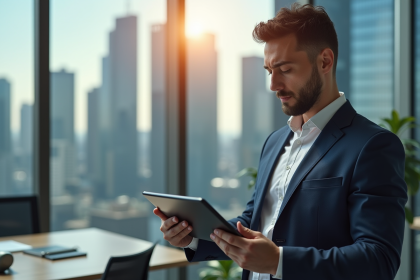 Analyste financier étudiant graphiques SP500 sur tablette dans un bureau lumineux