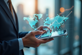 Analyste financier tenant une tablette avec un graphique de dividendes en hausse