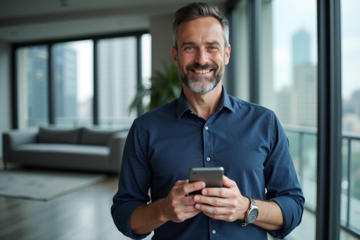 Homme consultant l'application mobile bancaire Société Générale sur son smartphone depuis son appartement