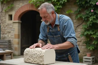 Artisan middle aged sculptant la pierre de Picardie en extérieur