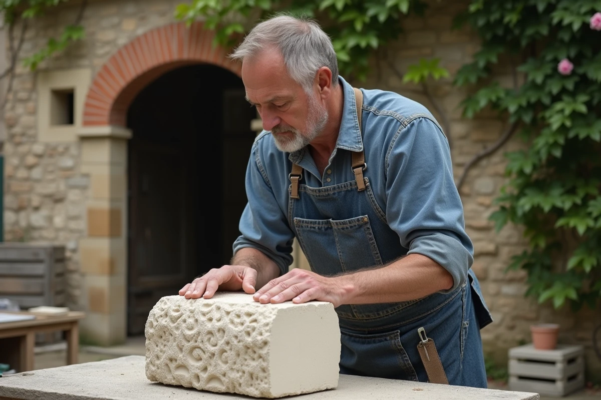 Artisan middle aged sculptant la pierre de Picardie en extérieur
