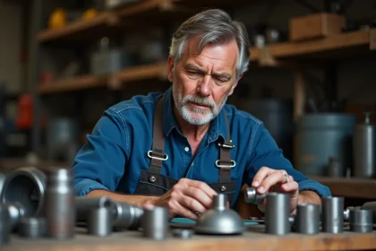 Artisan homme examinant des pi&egrave;ces m&eacute;talliques dans son atelier