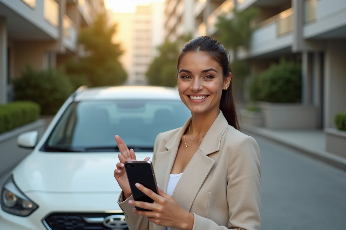 Femme turque utilisant une application d'assurance auto sur smartphone devant sa voiture à Ankara