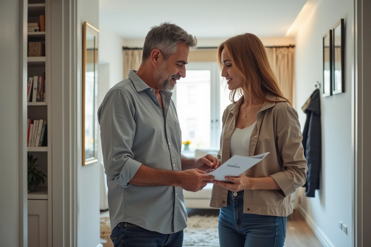 Couple turc examinant une brochure d'assurance habitation à l'entrée de leur appartement moderne à Istanbul
