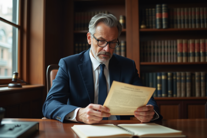 Avocat en costume examinant un contrat juridique sérieux