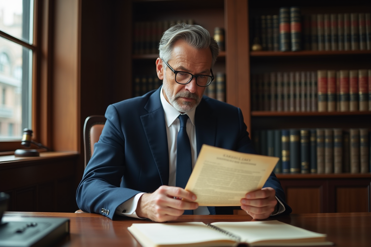 Avocat en costume examinant un contrat juridique sérieux