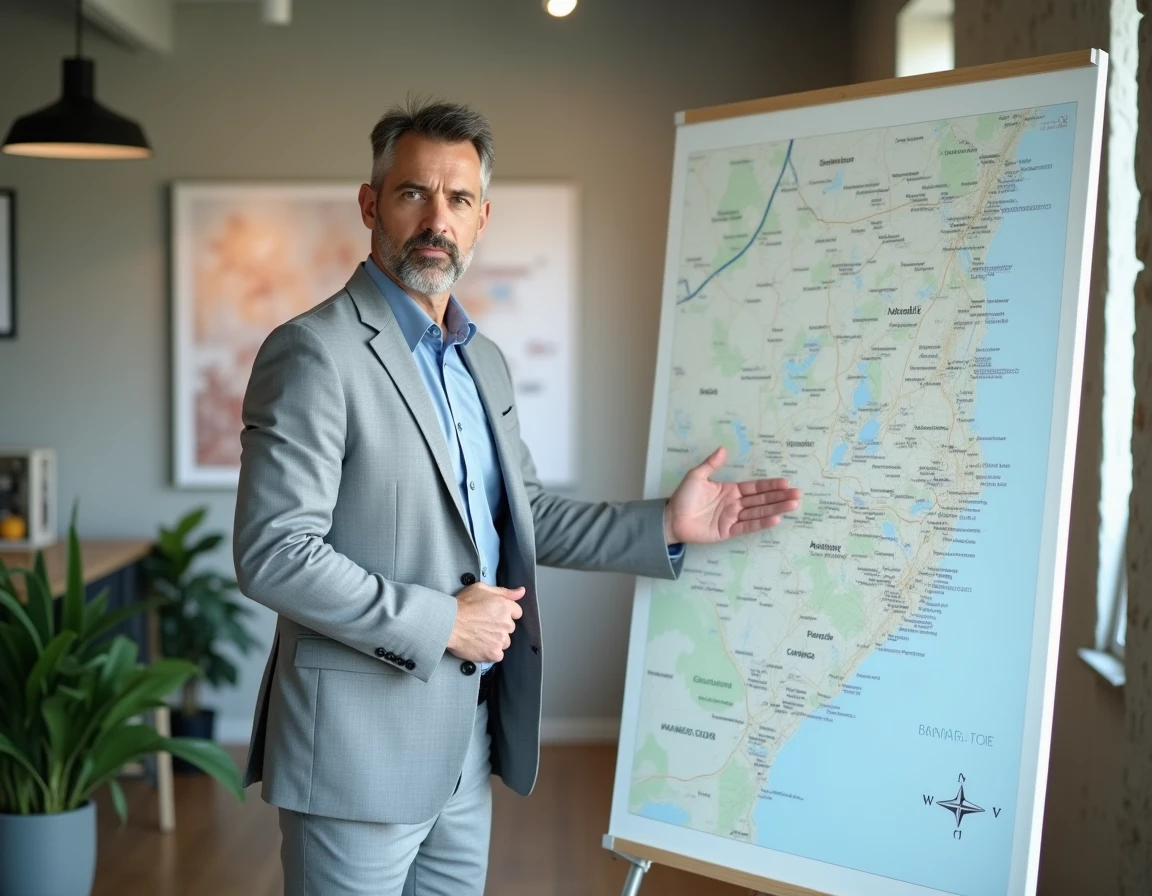 Consultant de Beauvoisine Patrimoine présentant une stratégie d'investissement locatif en Seine-Maritime sur un tableau de bureau moderne à Rouen