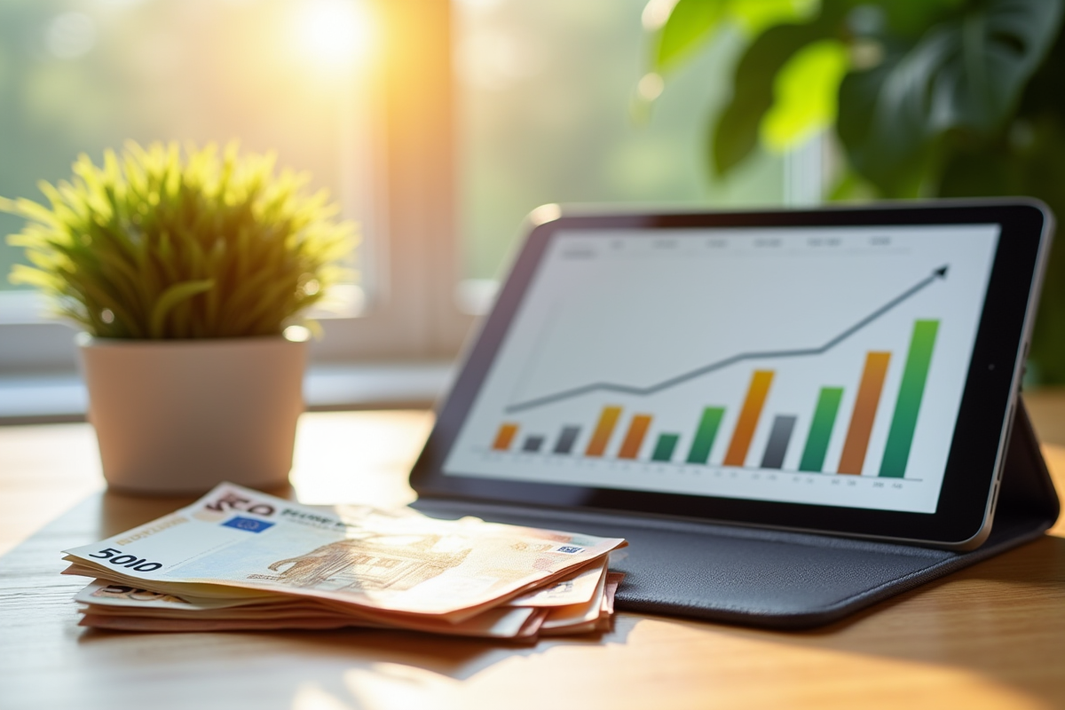 Ficelle de billets de 500 euros avec une tablette montrant un graphique d