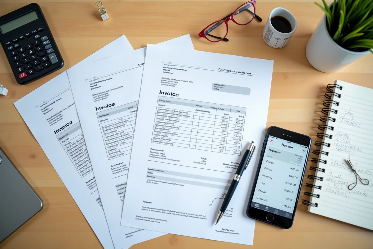 Vue de dessus d'un bureau avec des factures impayées, un smartphone affichant un suivi comptable et un carnet de notes manuscrites