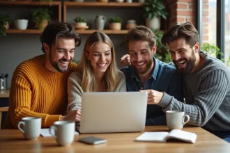 Groupe d'amis adultes réunis autour d'un ordinateur portable pour organiser une cagnotte en ligne pour un anniversaire