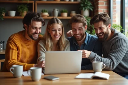Groupe d'amis adultes réunis autour d'un ordinateur portable pour organiser une cagnotte en ligne pour un anniversaire