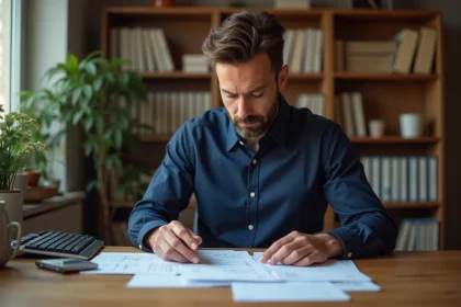 Homme consultant ses fiches de paie et calculs d'heures supplémentaires à son bureau à domicile