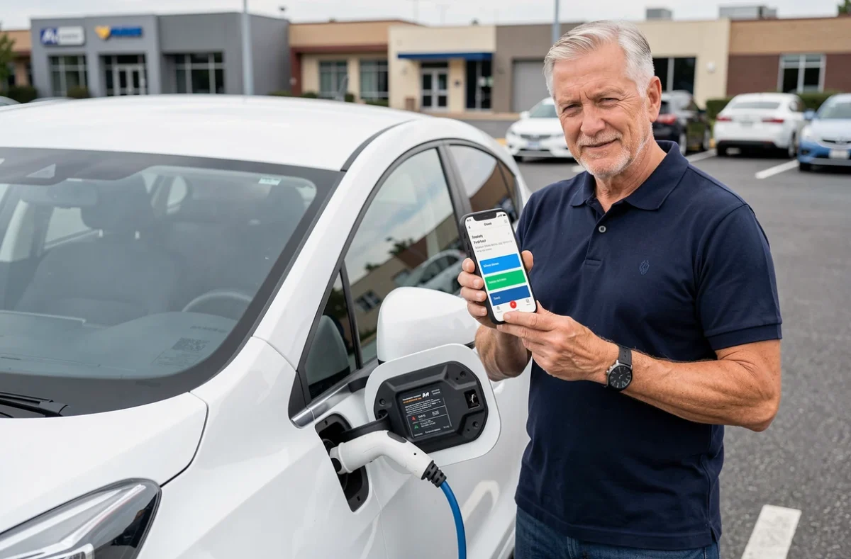 Homme utilisant une application de simulation de frais kilométriques à côté d'un véhicule électrique en charge