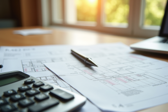 Calculatrice moderne avec plans et documents fiscaux sur une table ensoleillée