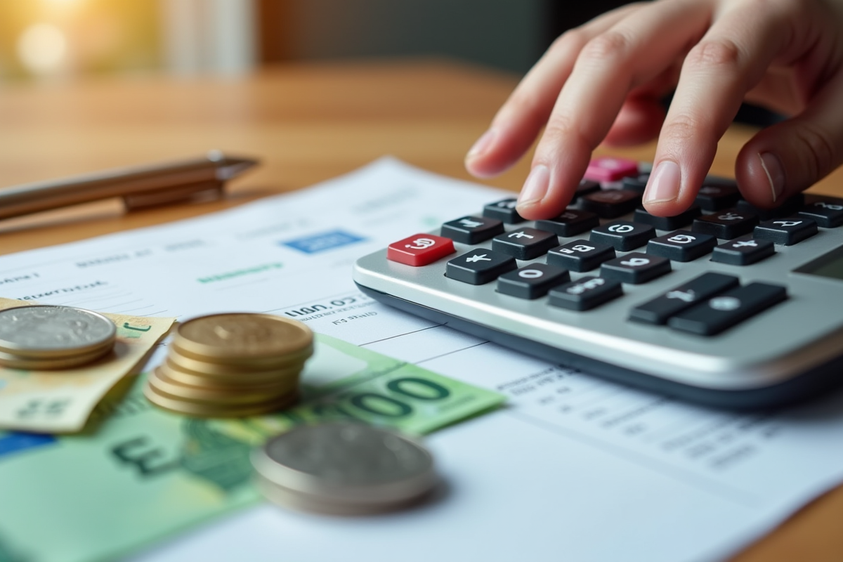 Main utilisant une calculatrice avec des billets et pièces en euros
