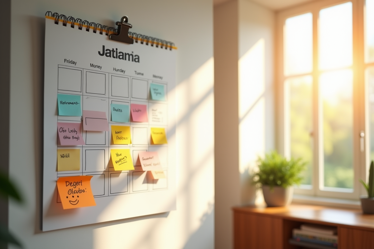 Calendrier mural coloré dans un bureau lumineux