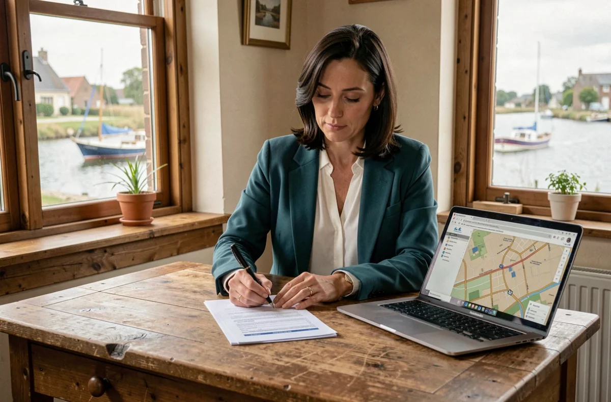 Caroline Martius, conseillère iad à Esnandes, annotant un rapport d'investissement locatif dans une maison de village avec vue sur l'estuaire local