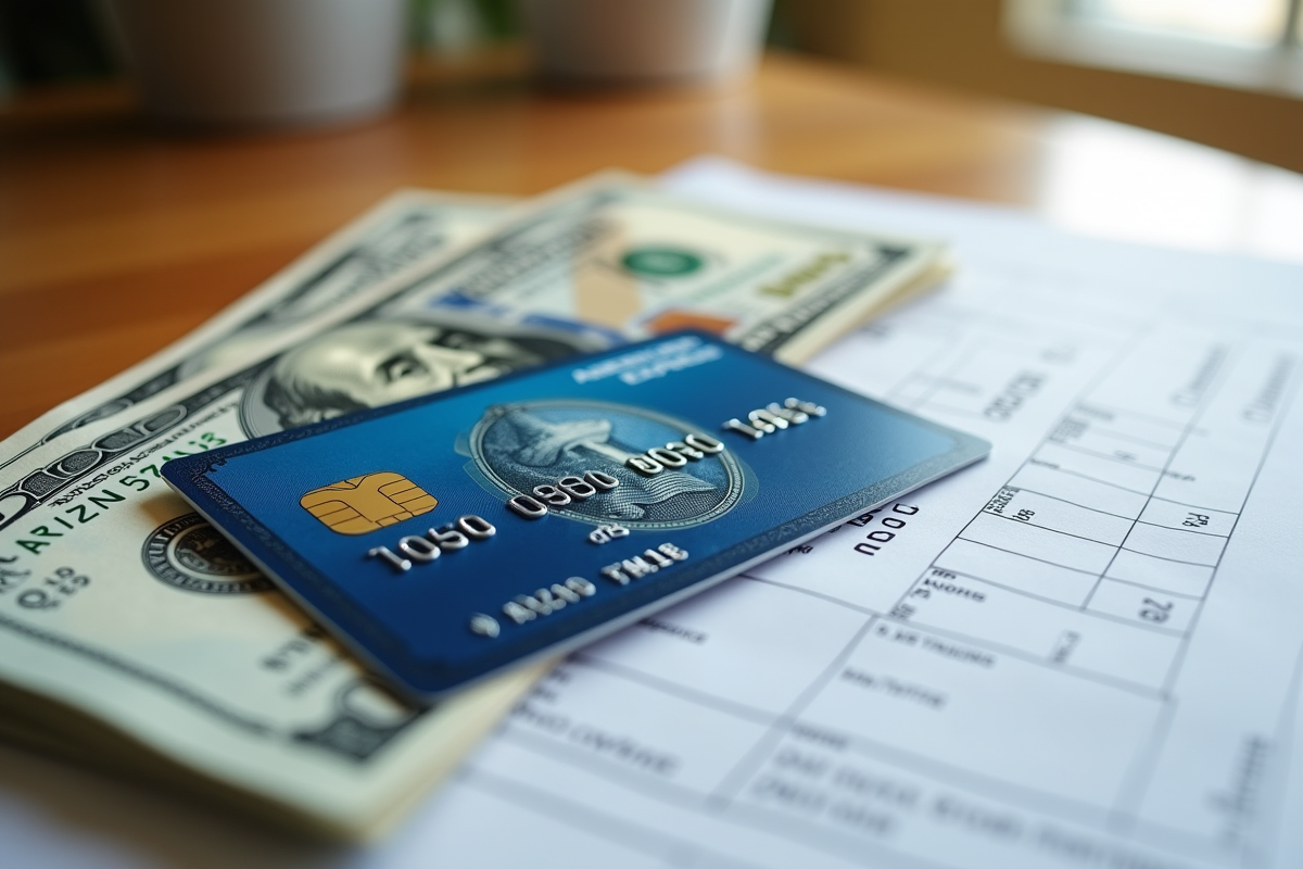Carte American Express sur des billets et formulaires fiscaux en lumière naturelle