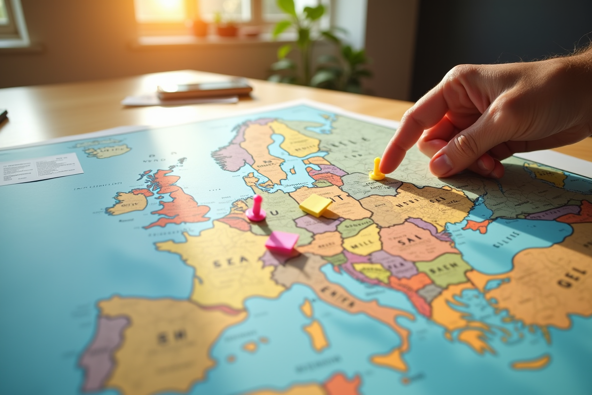 Carte de France avec régions en surbrillance et flèche d