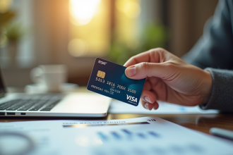 Main tenant une carte Visa Premier au-dessus d'une table moderne