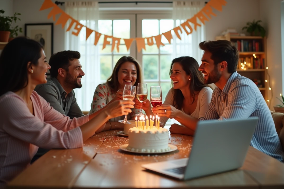 Groupe d'amis fêtant un anniversaire avec une cagnotte en ligne affichée sur un ordinateur portable au premier plan