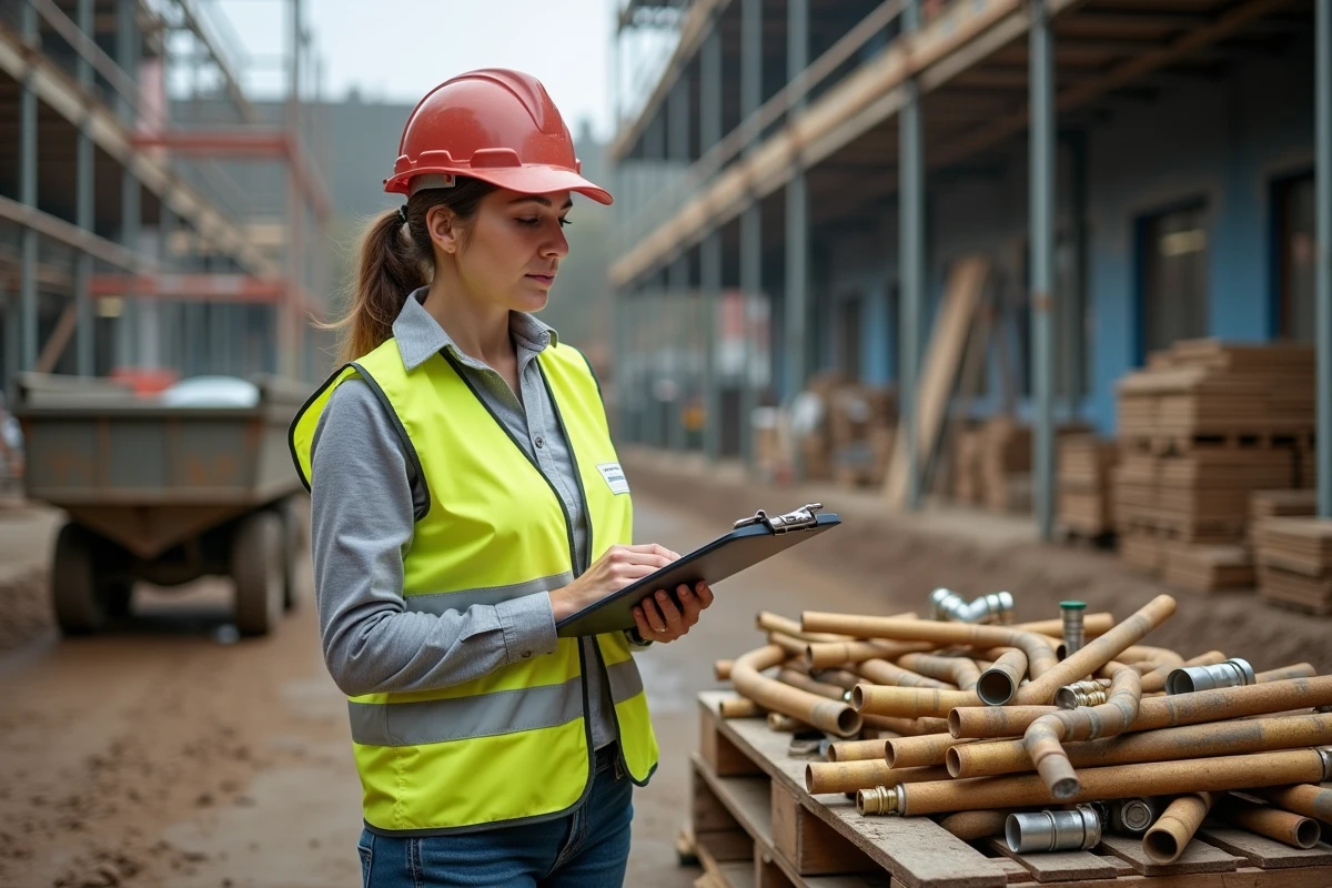 Professionnelle sur chantier évaluant des tuyaux en laiton récupérés pour estimer leur valeur de revente au kilo