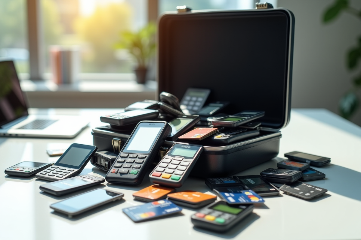 Tangle de terminaux de paiement et cartes dans une mallette ouverte