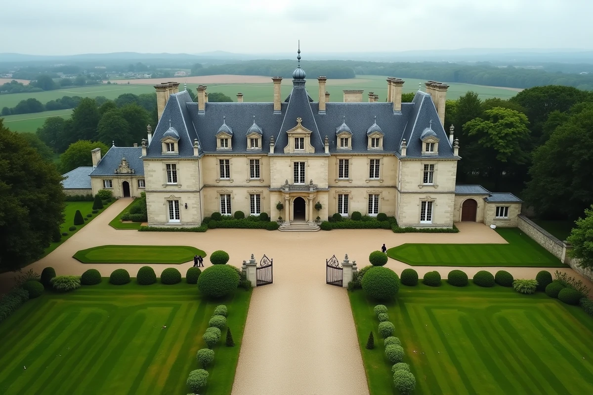 Vue aérienne d'un château historique en région Loire avec jardins à la française et vastes propriétés foncières appartenant à un grand domaine privé