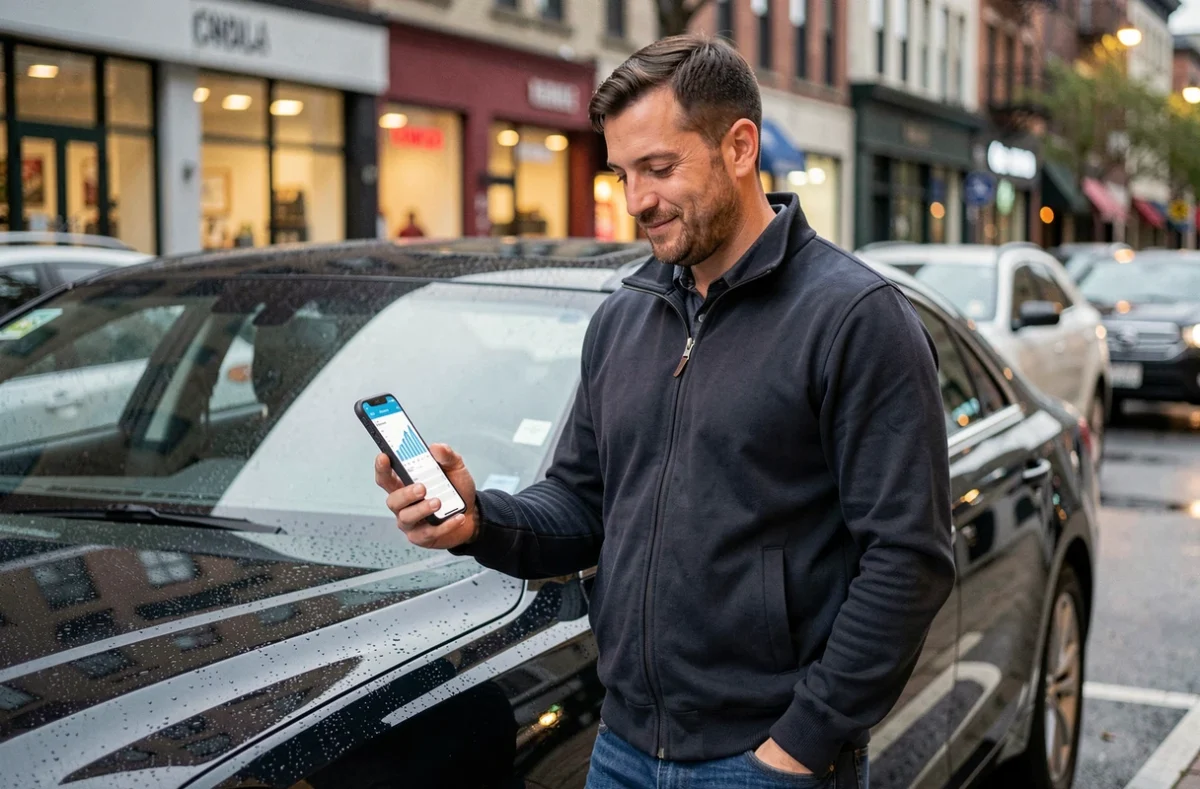 Chauffeur VTC debout près de son véhicule consultant une application de comptabilité sur smartphone pour suivre ses revenus et charges