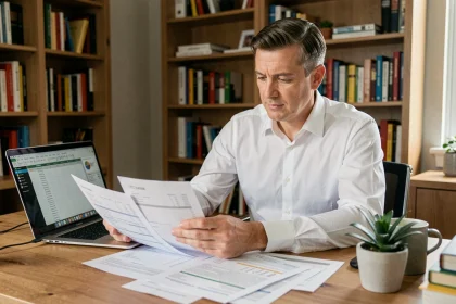 Chauffeur VTC assis à son bureau, consultant des documents comptables et des reçus pour gérer sa comptabilité professionnelle