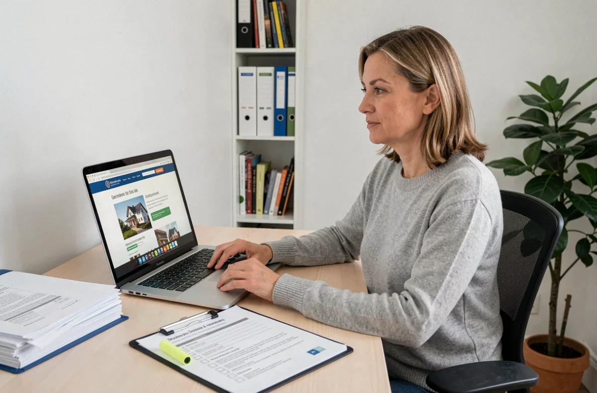 Une femme prépare sa checklist et son dossier emprunteur pour l'Éco PTZ devant son ordinateur portable