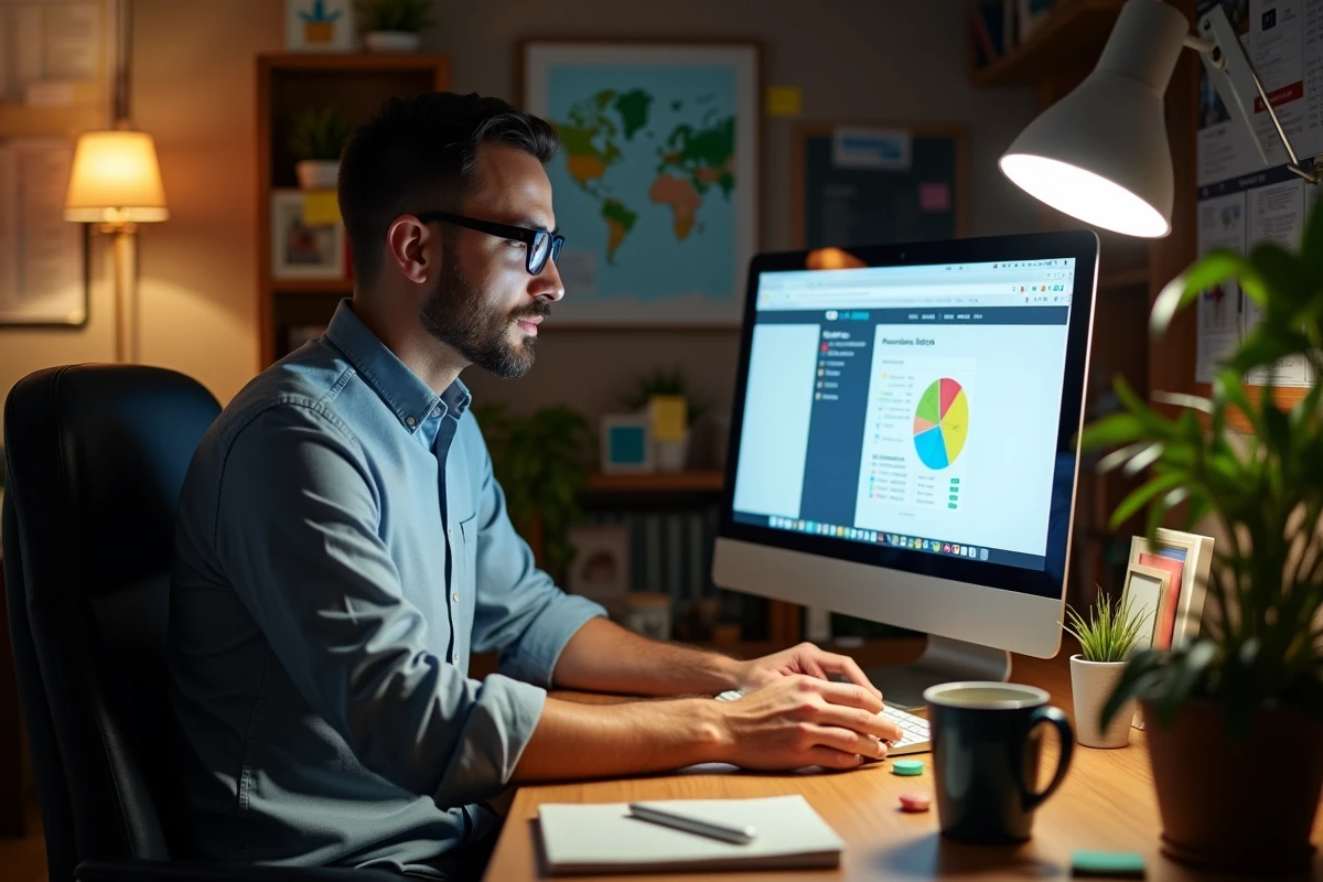 Chef d'entreprise recherchant des options de financement commercial via une association professionnelle sur son ordinateur