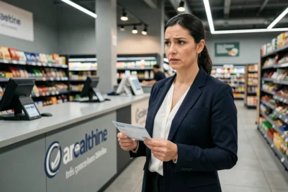 Femme tenant un chèque refusé au service client d'un hypermarché Cora